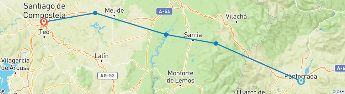 Map of "Camino de Santiago" (Way of St James): French Way by bike from Ponferrada