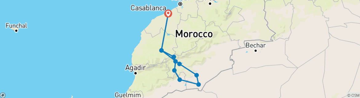 Kaart van 4-daagse tocht van Casablanca naar Erg Chigaga Sahara-woestijn