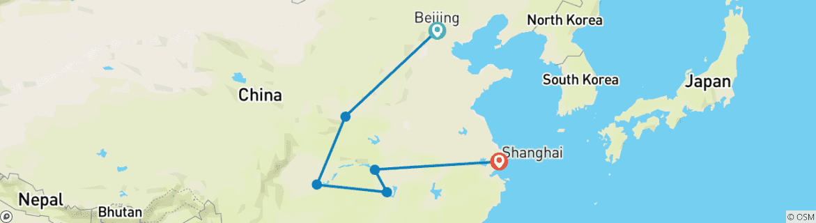Image of a map showing the route of the tour