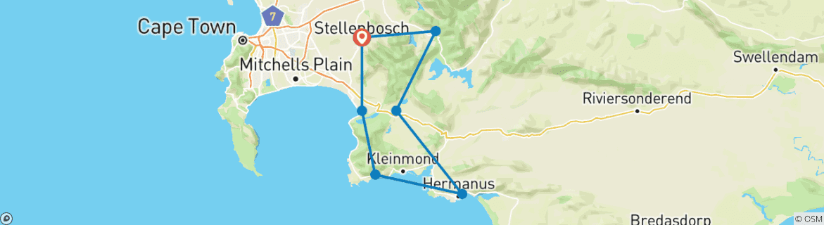 Karte von 3 Radtour von Stellenbosch nach Hermanus