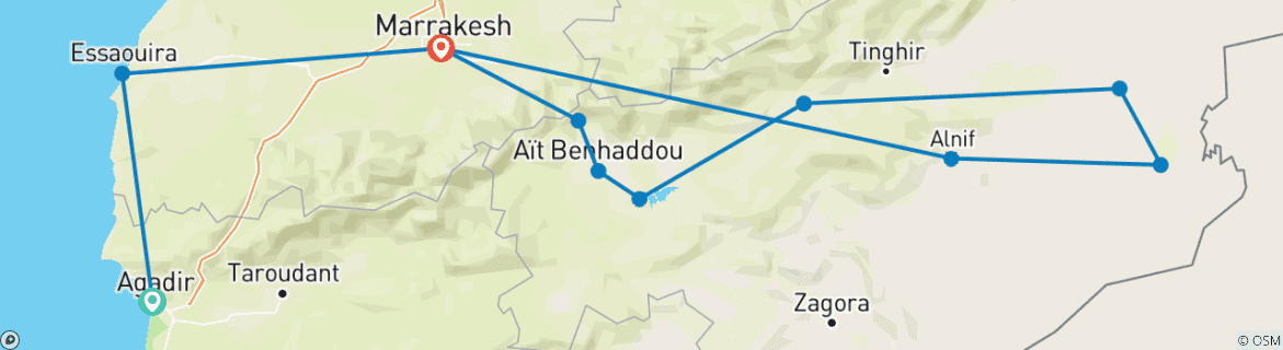 Mapa de Desde Agadir: circuito privado de 7 días por Essaouira, Marrakech y el desierto del Sáhara