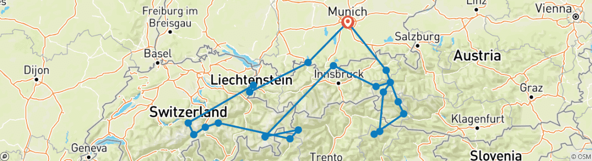 Map of Summer 5-Country Alpine Tour in a Porsche: Pre-set sat-nav guided