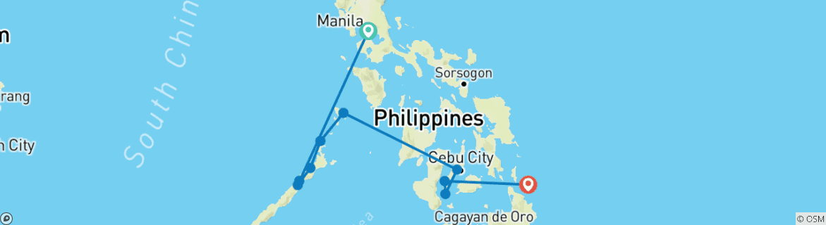 Carte du circuit 16 jours d'aventure aux Philippines avec l'expédition d'El Nido à l'île de Coron (circuit indépendant)