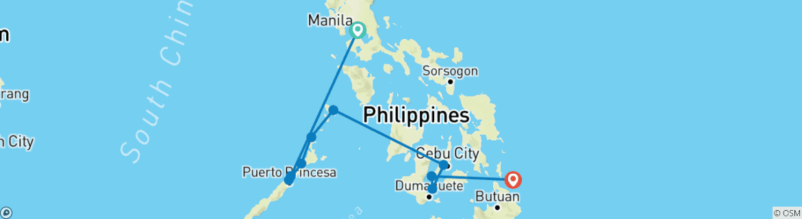 Carte du circuit 16 jours d'aventure aux Philippines (circuit indépendant)