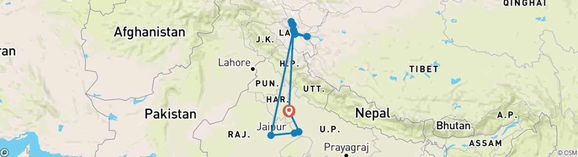 Map of Golden Triangle Tour with Ladakh