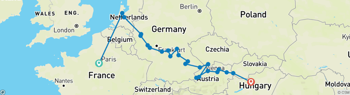 Image of a map showing the route of the tour