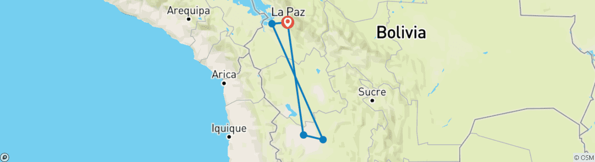 Map of 6 Days in Bolivia Adventure and Uyuni Tour 