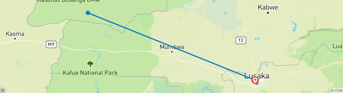 Map of Kanzwa short holiday break  excursion  - 2 Nights Safari Tour to Kafue National Park - Southern Region (Ngoma Area Management)