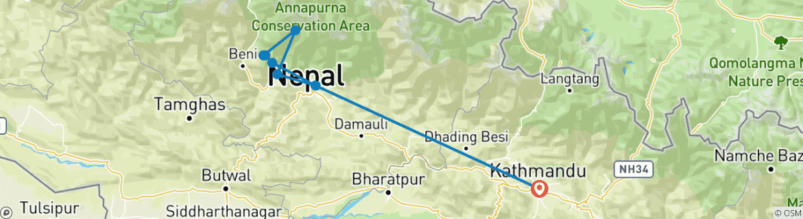 Mapa de Senderismo de 7 días por Ghorepani y Poon Hill