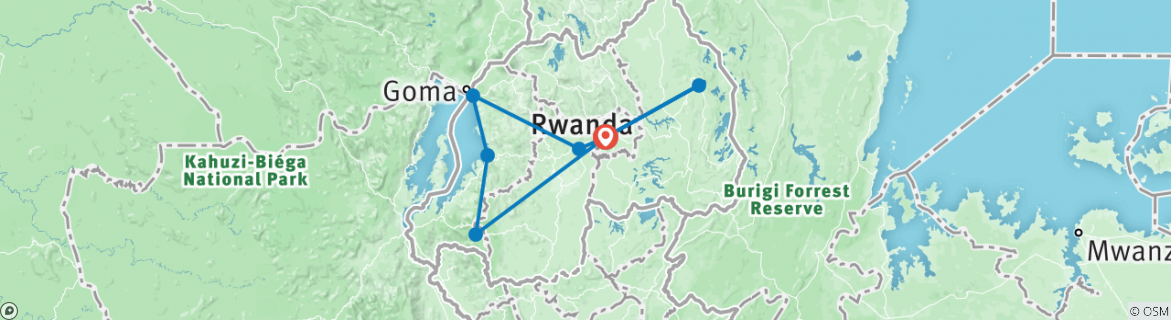 Map of 10 Days Rwanda Safari with Gorilla experience