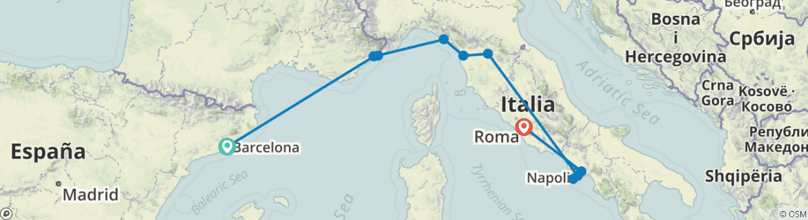 Map of Barcelona to Rome Quest (Winter, 9 Days)