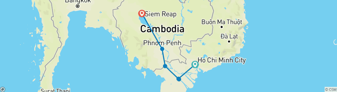 Map of Mekong Delta River Exit to Cambodia 7 Days 6 Nights