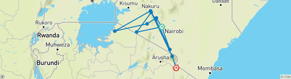 Karte von 7 TAGE MASAI MARA, L. NAKURU, L. NAIVASHA & AMBOSELI BUDGET-SAFARI