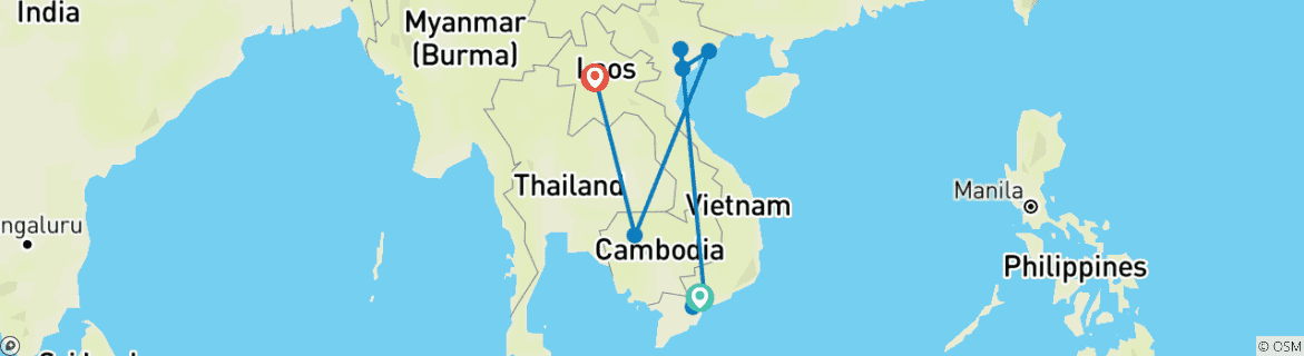 Map of Best of Vietnam, Cambodia and Laos 14 Days 13 nights