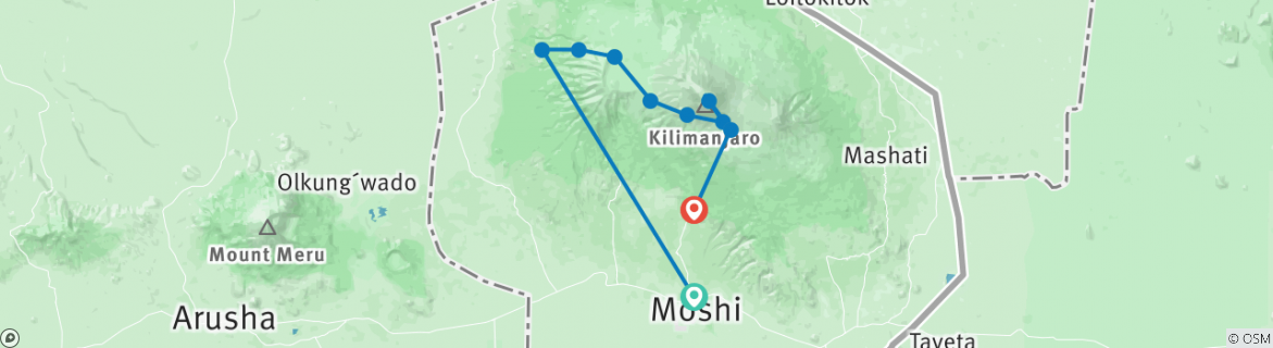 Kaart van 8-daagse Kilimanjaro Trektocht Lemosho Route