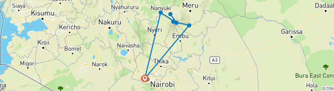 Carte du circuit Trek de 6 jours au Mont Kenya : Aventure sur la route de Sirimon à Chogoria