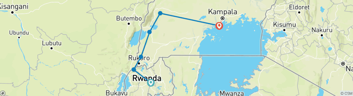 Carte du circuit Safari aérien - Ouganda et Rwanda combinés