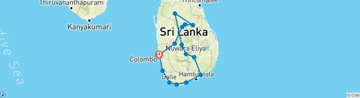 Carte du circuit Circuit classique dans toutes les îles du Sri Lanka