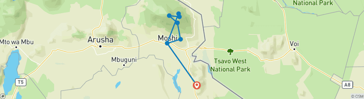 Kaart van Beklimming van de Kilimanjaro - via de Rongai-route - 8 dagen