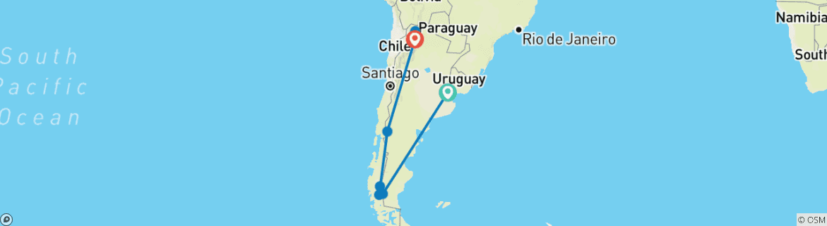 Map of Patagonia to Salta for couples (18 nights)