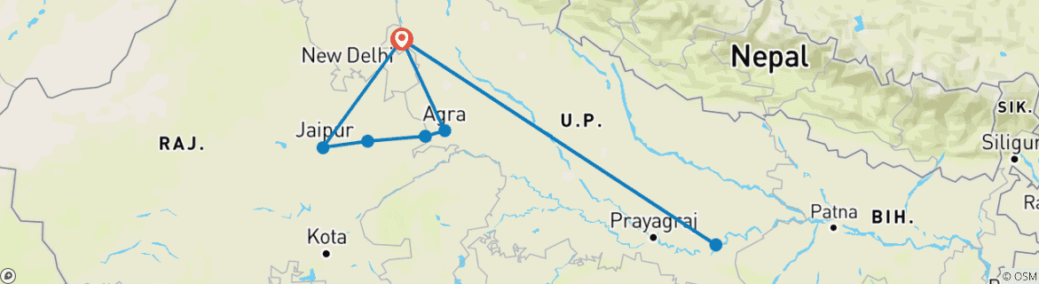 Image of a map showing the route of the tour