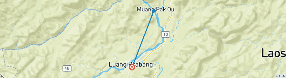 Kaart van Luang Prabang Rondreis door met Het beste van naar Kuangsi Waterval&Boottocht naar Pak Ou grot