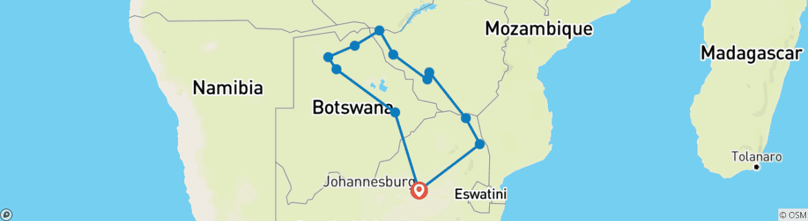 Image of a map showing the route of the tour