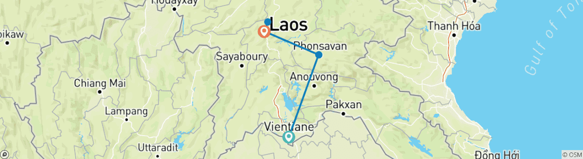 Kaart van Rondreis door Laos – met het beste van Vientiane – via Xieng Khouang & de Vlakte der Kruiken naar Luang Prabang