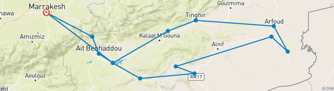 Map of 3 Day Sahara desert  tour from Marrakech