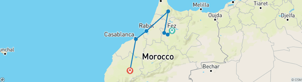 Map of From Fes to Marrakech visiting Chefchouen, Rabat & Casablanca