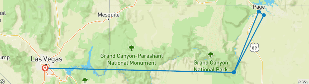 Mapa de Circuito nocturna en grupos pequeños al Gran Cañón, Cañón del Antílope, Horseshoe Bend y lago Powell