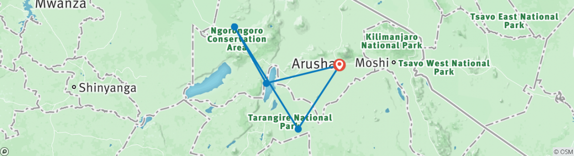 Map of 3 Days Tarangire, Ngorongoro Craeter & Lake Manyara