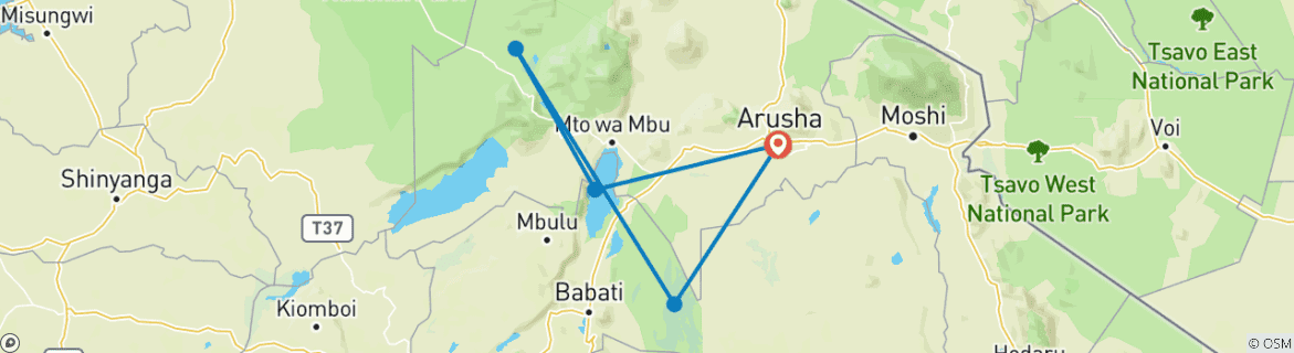 Map of Best 3-Day Tanzania Budget Group Joining Safari.