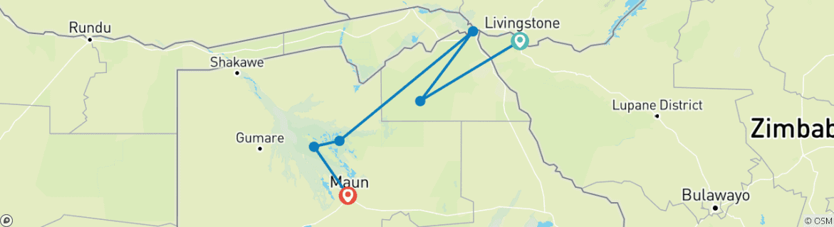 Map of 8 Days Victoria Falls, Chobe & Delta