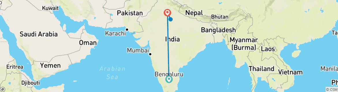 Map of Sunrise to Sunset: Taj Mahal & Agra Tour from Bengaluru with Flight to Delhi