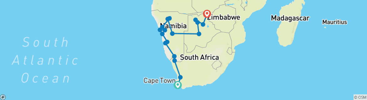 Kaart van Verken van Kaapstad tot aan Victoria Falls