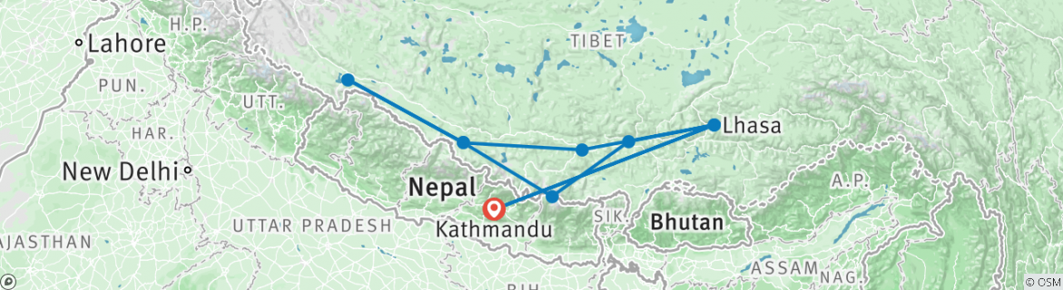 Map of 19 Days - Tibet Expedition with Mt. Kailash Pilgrim