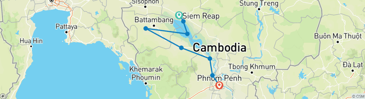 Map of Cambodia Tour from Siem Reap to Battambang and Phnom Penh 7 Days