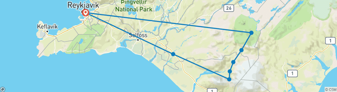 Mapa de Circuito a Laugavegur con caminata por el glaciar - 7 días (Cabañas)