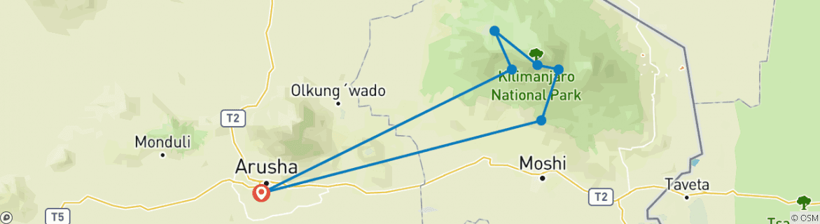 Carte du circuit 6 jours de Trekking au Kilimandjaro par la route Machame