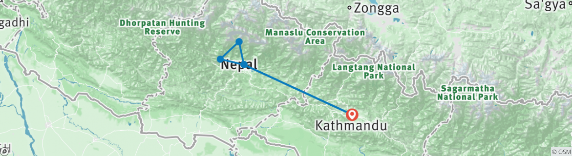 Map of Mardi Himal Trekking from Kathmandu by Flight