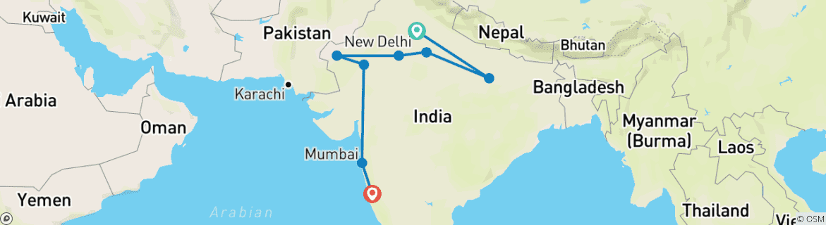 Image of a map showing the route of the tour