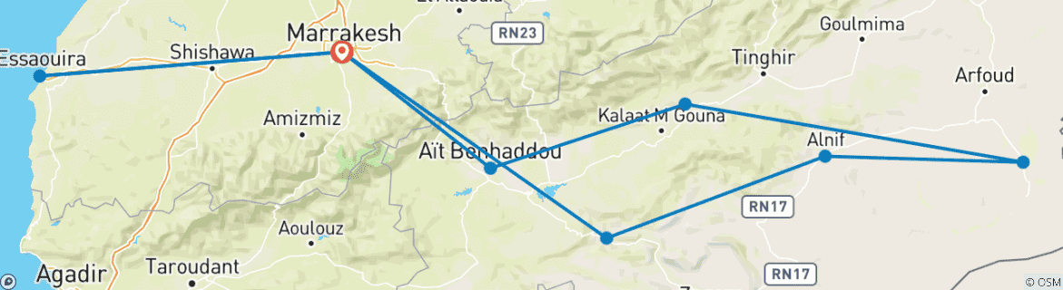 Mapa de Circuito de 7 días al desierto del Sáhara desde Marrakech