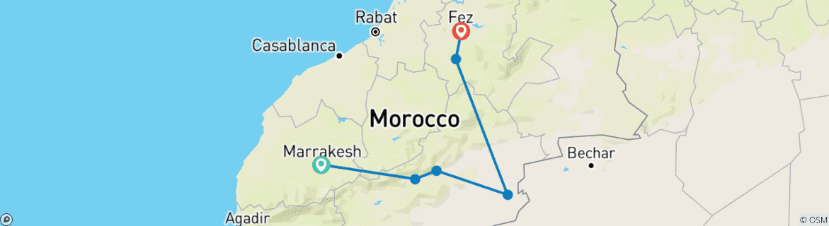 Map of 3 Days Desert Tour From Marrakech  To Fes