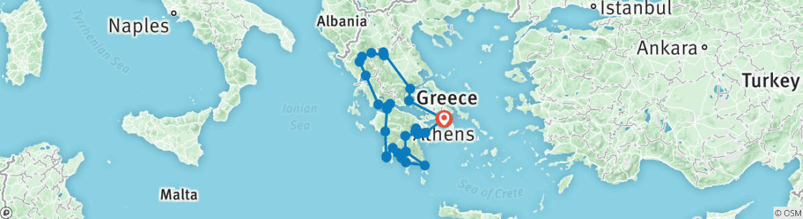 Map of Splendid off-season tour in Greece: UNESCO sites and other beautiful destinations on a 19-days tour from Athens