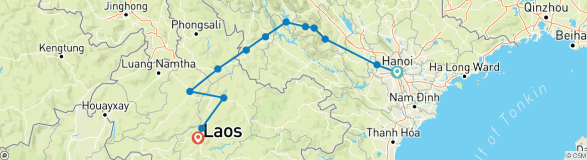 Image of a map showing the route of the tour