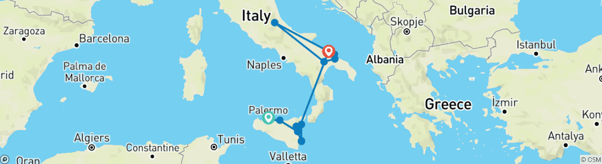 Map of Sicilian Secrets Tour of Sicily, Matera and Apulia 2025