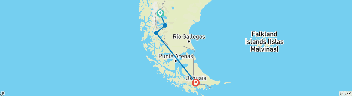 Carte du circuit La fin du monde + El Chalten w/Bus (10 jours)