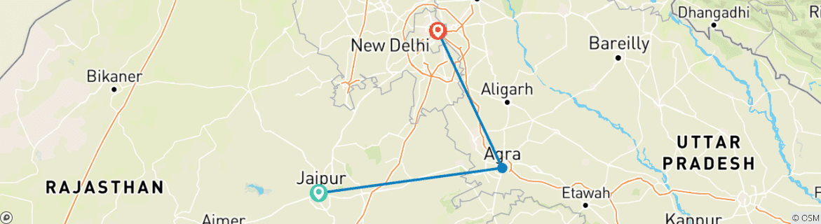 Map of From Jaipur: 3-Days Private Golden Triangle Tour with Hotels