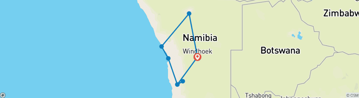 Map of 7 Days / 6 Nights Sossusvlei, Swakopmund and Etosha National Park